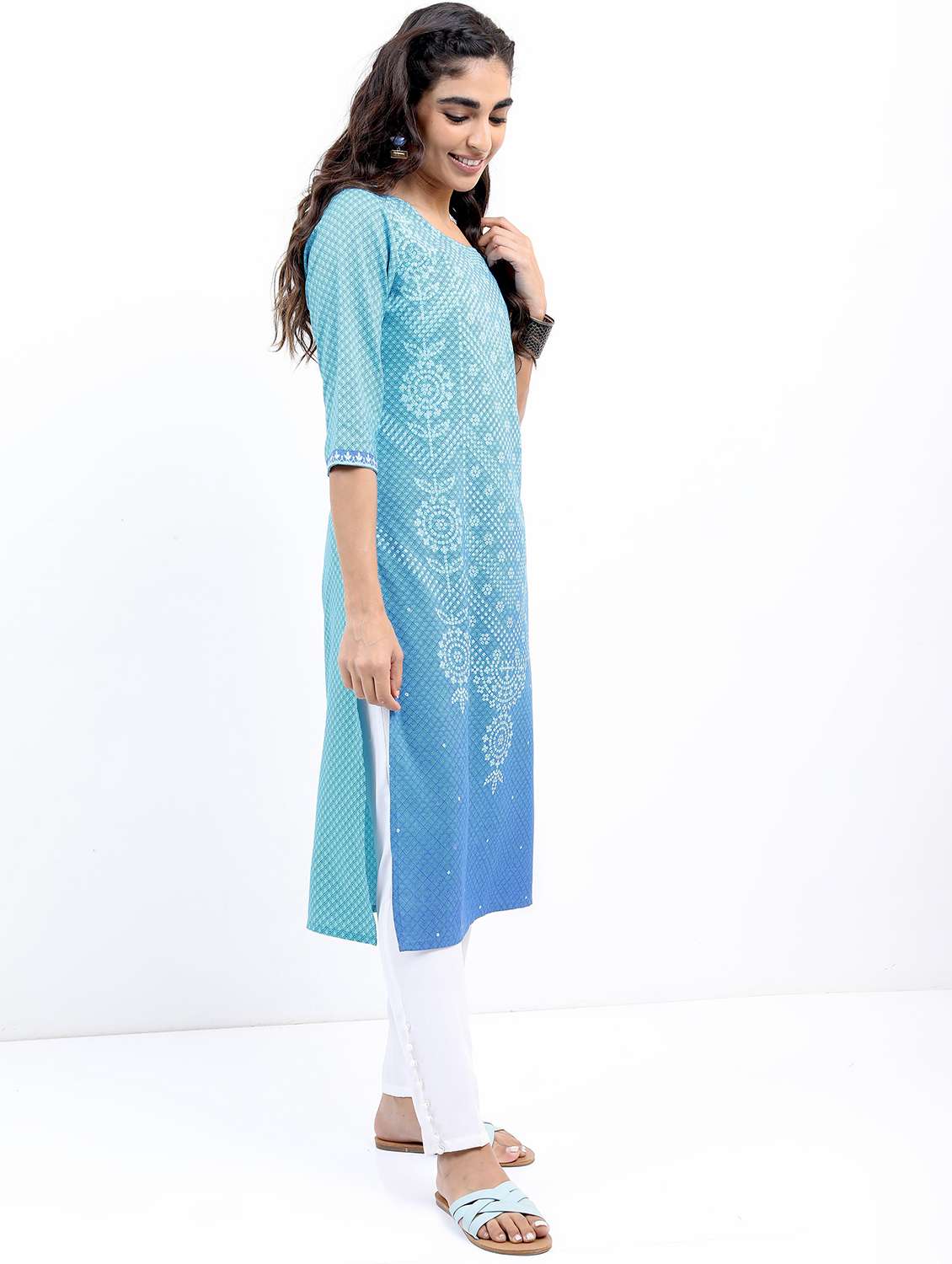 women three quarter sleeve straight kurta - 21376163 -  Standard Image - 2