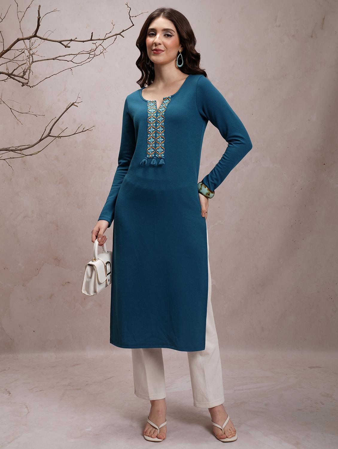women teal blue cotton blend straight kurta