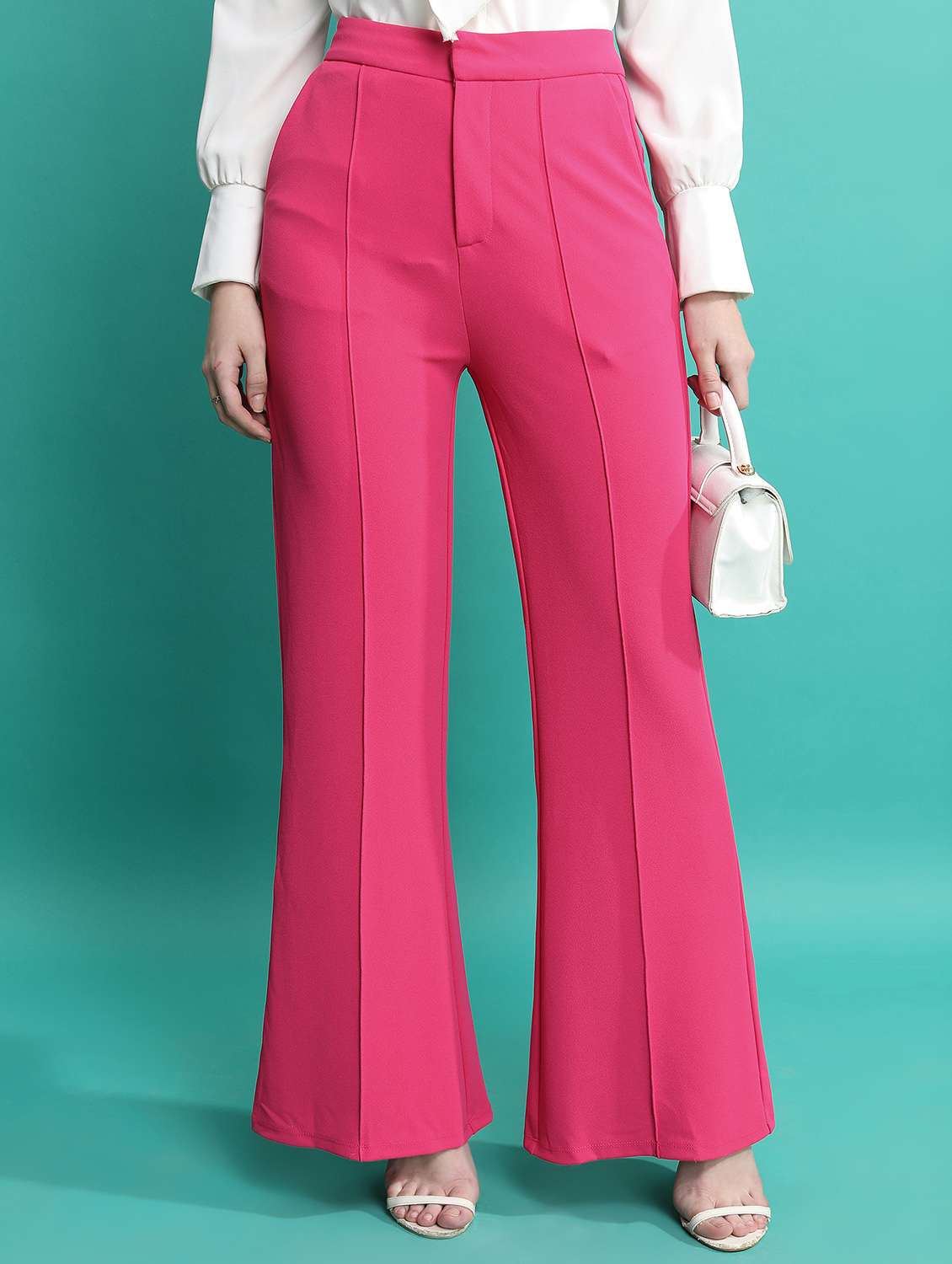 women solid high rise bootcut trouser