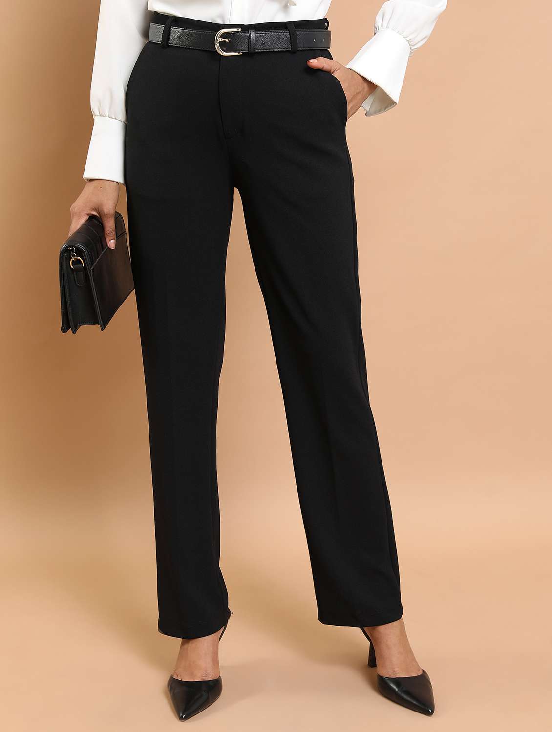 women solid mid rise tailored trouser