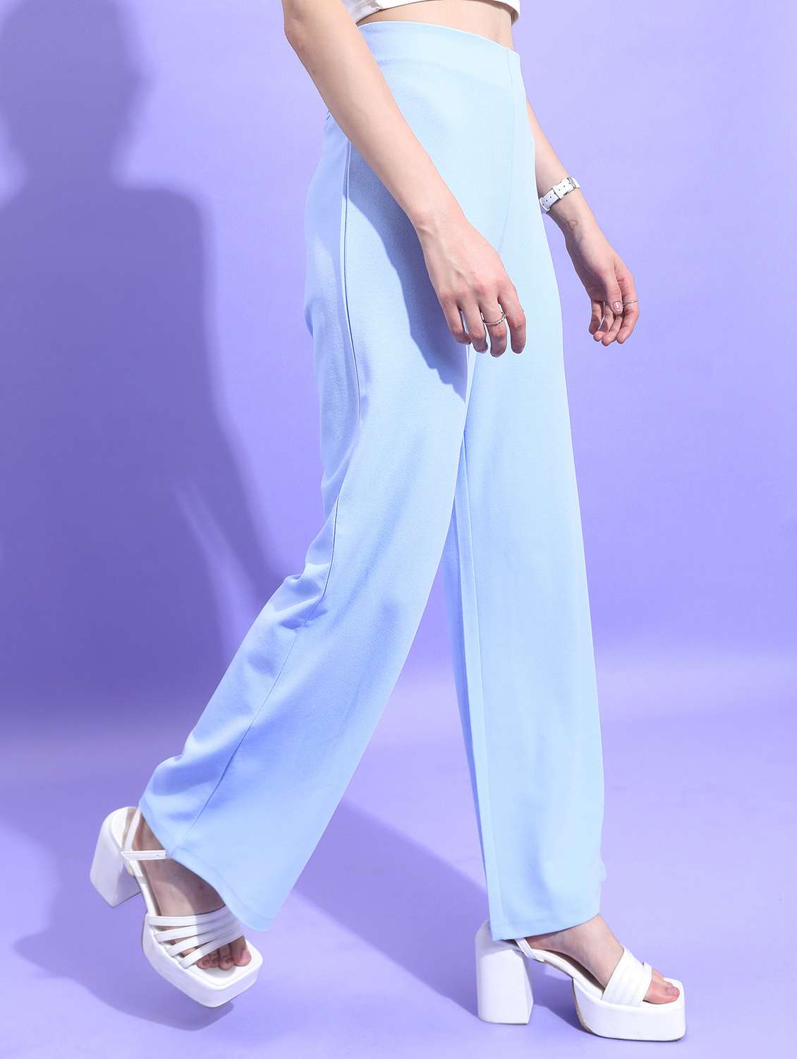 women blue solid wide leg trouser