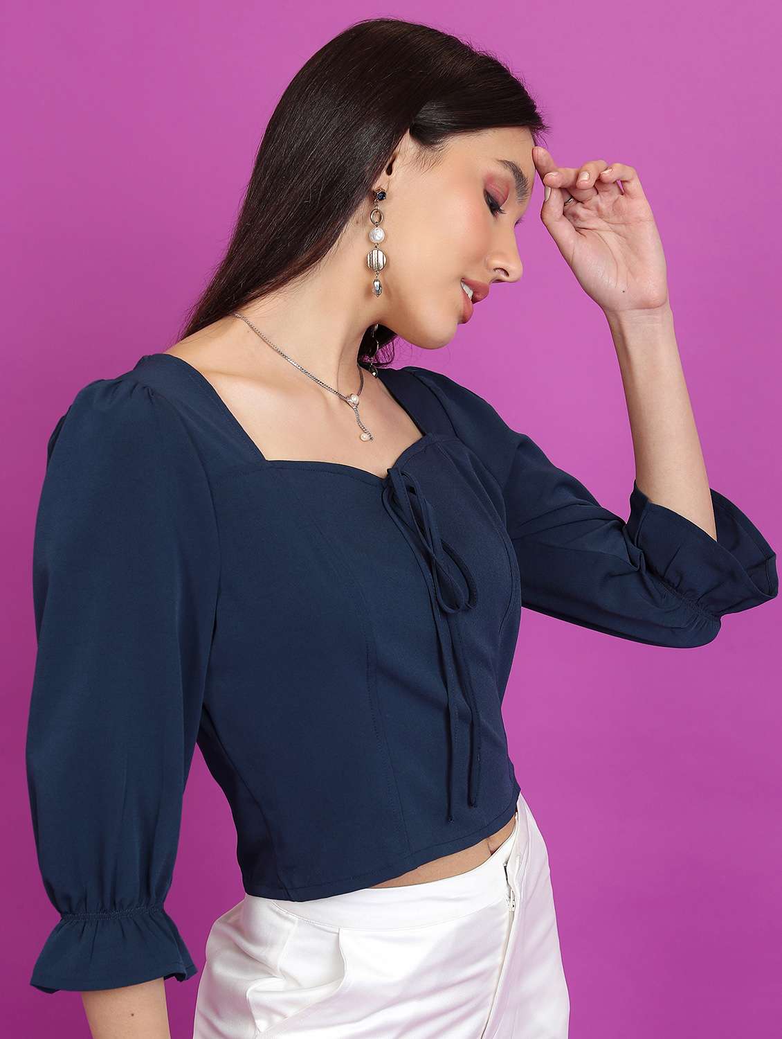 navy blue solid blouson top - 21376246 -  Standard Image - 2