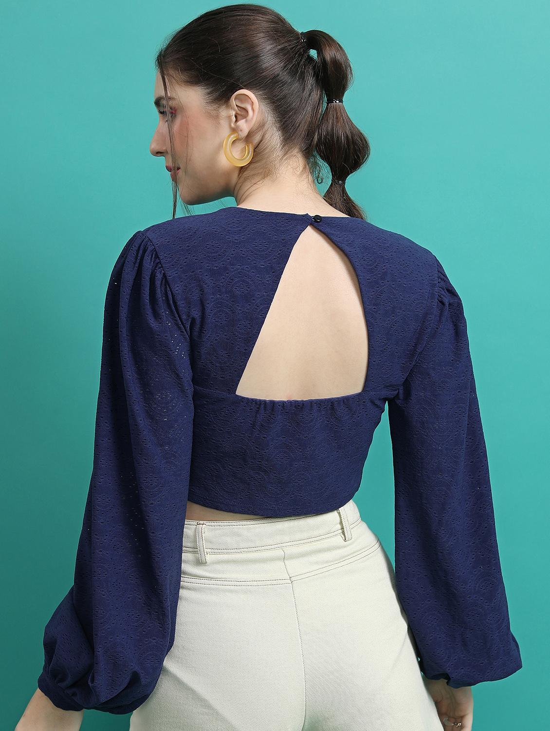 navy blue schiffli crop top - 21376252 - Standard Image - 2