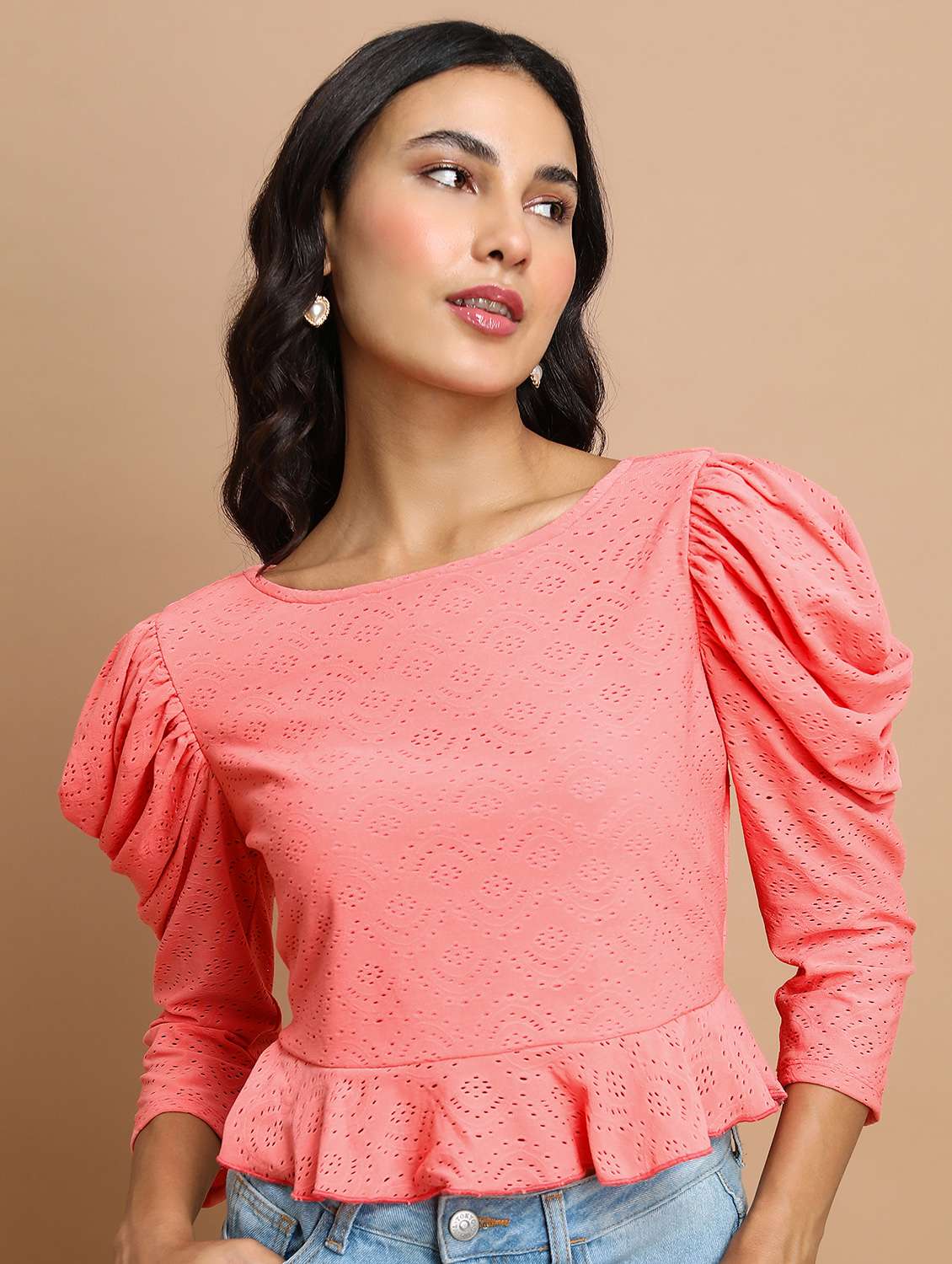 women coral cotton blend peplum top