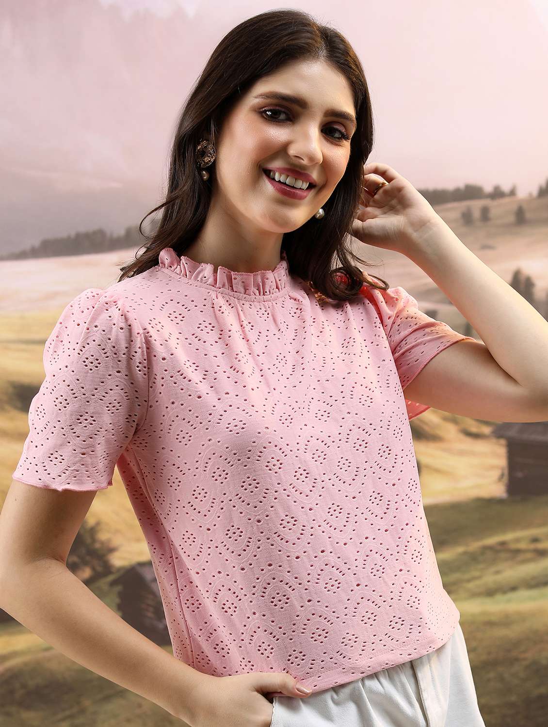 women pink cotton blend regular top - 21376305 - Standard Image - 2
