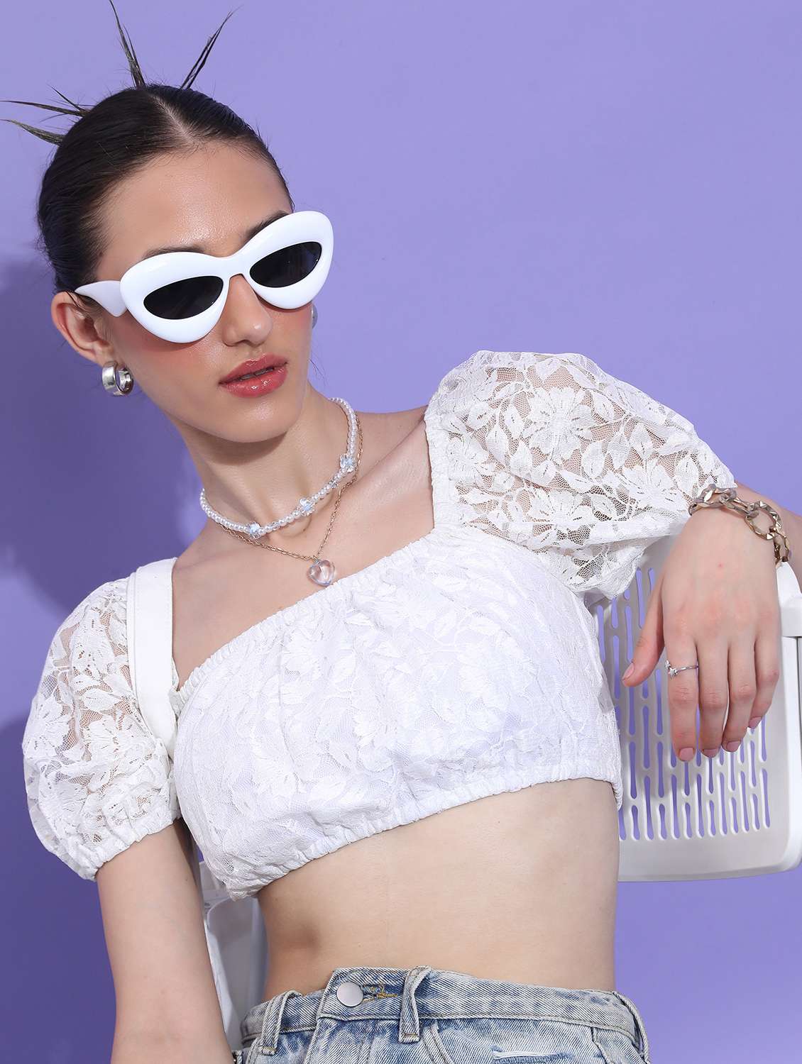 women white cotton blend blouson top - 21376336 -  Standard Image - 2