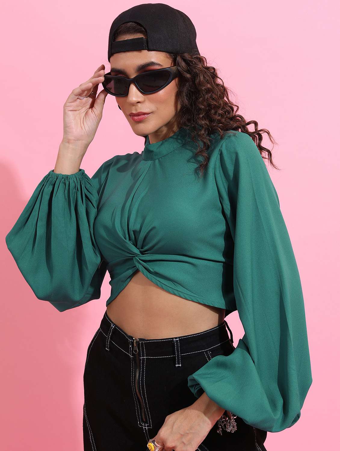women green cotton blend crop top
