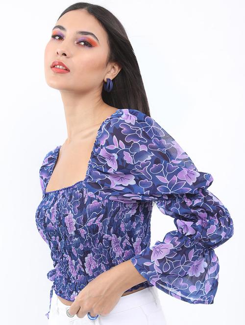women blue cotton blend crop top - 21376459 -  Standard Image - 0