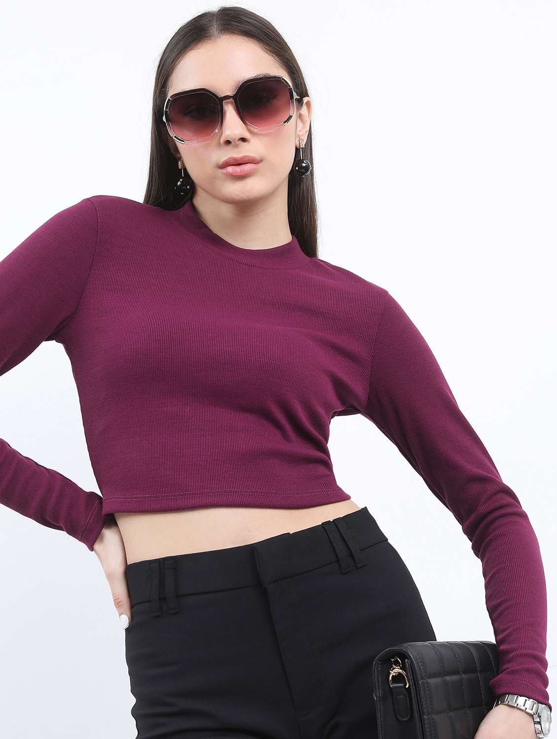 women purple cotton blend crop top