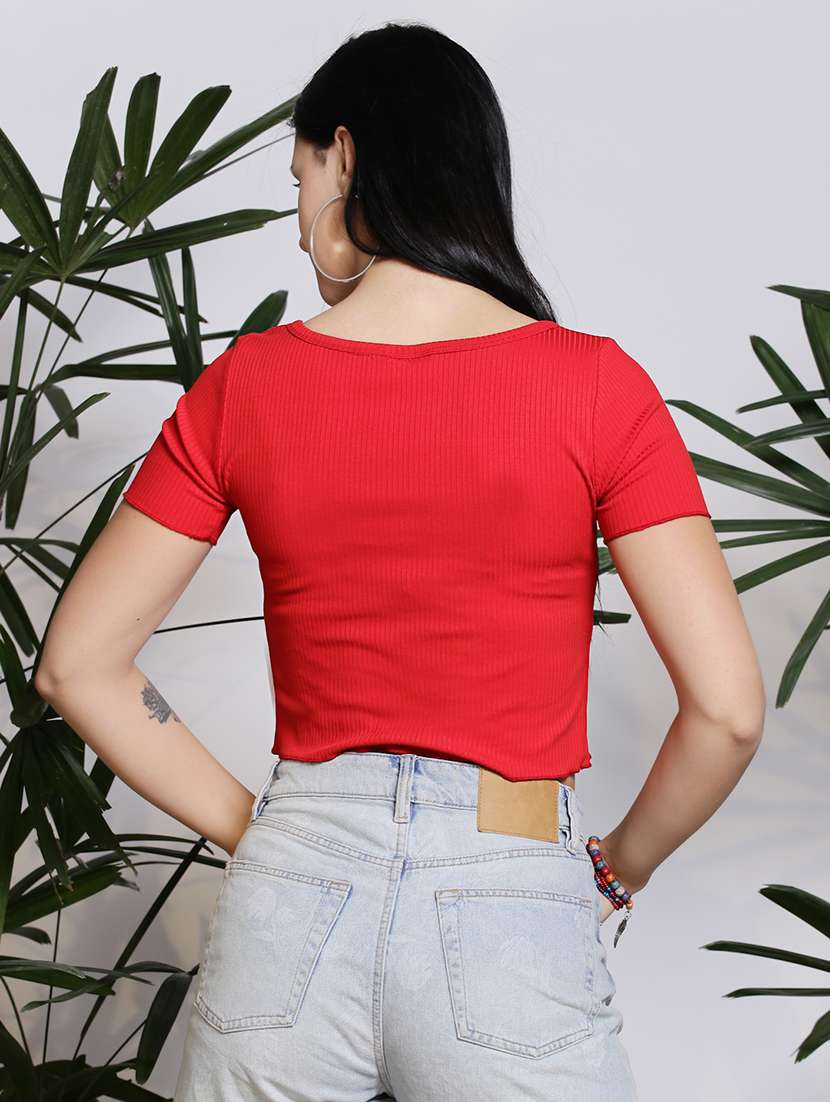 women solid short sleeves crop top - 21376535 -  Standard Image - 2