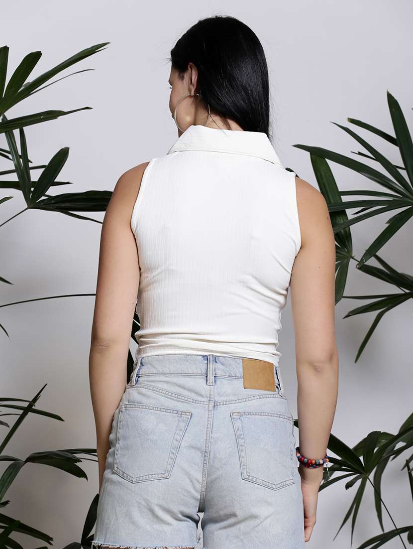 women solid sleeveless collared crop top - 21376546 -  Standard Image - 2