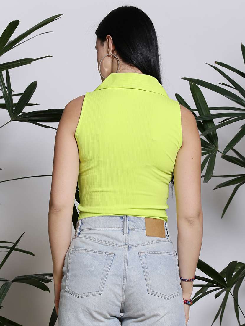 women solid sleeveless collared crop top - 21376547 -  Standard Image - 2