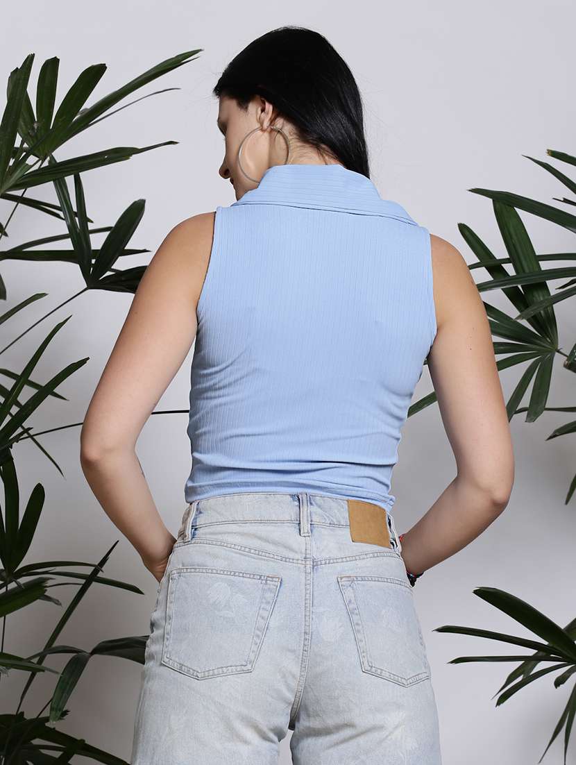 women solid sleeveless collared crop top - 21376548 -  Standard Image - 2