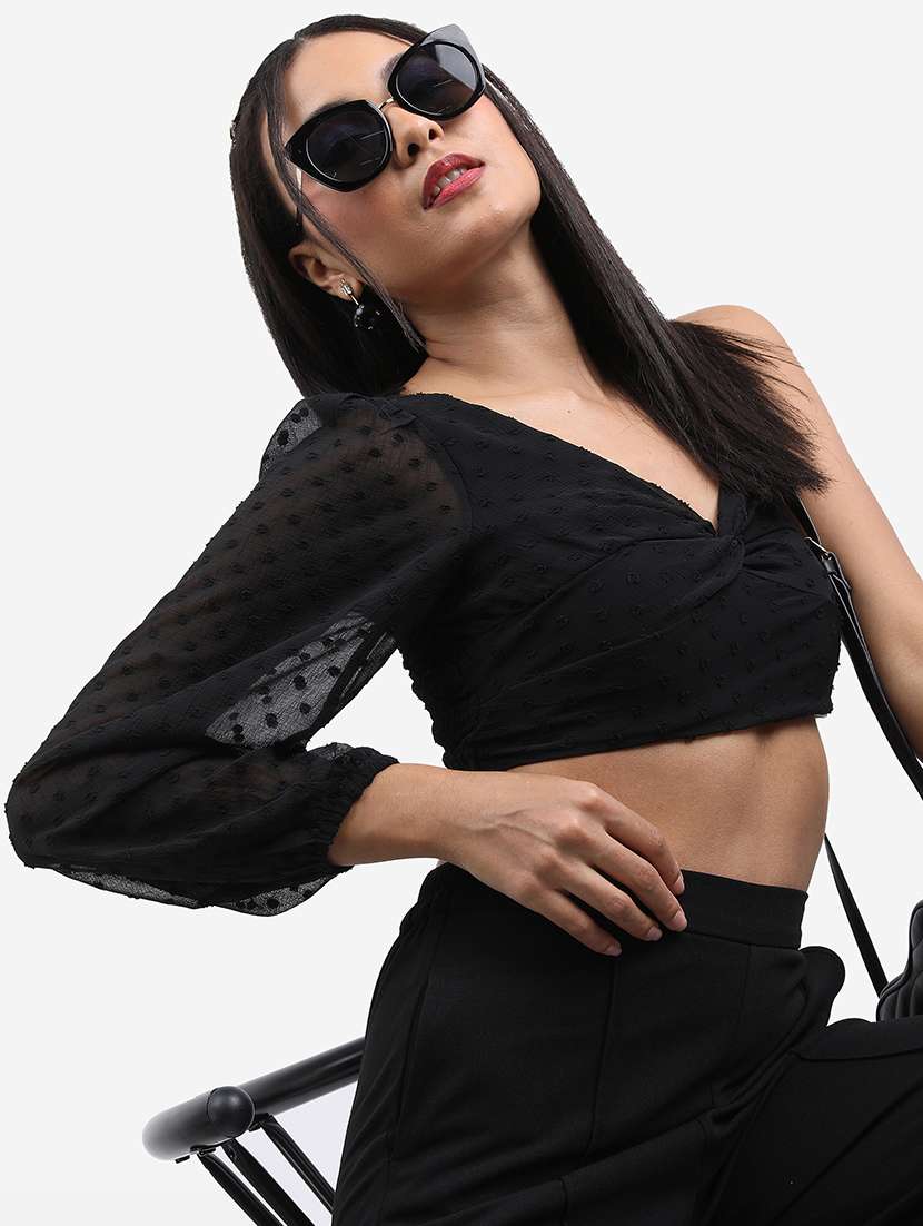 women black cotton blend crop top - 21376632 -  Standard Image - 2