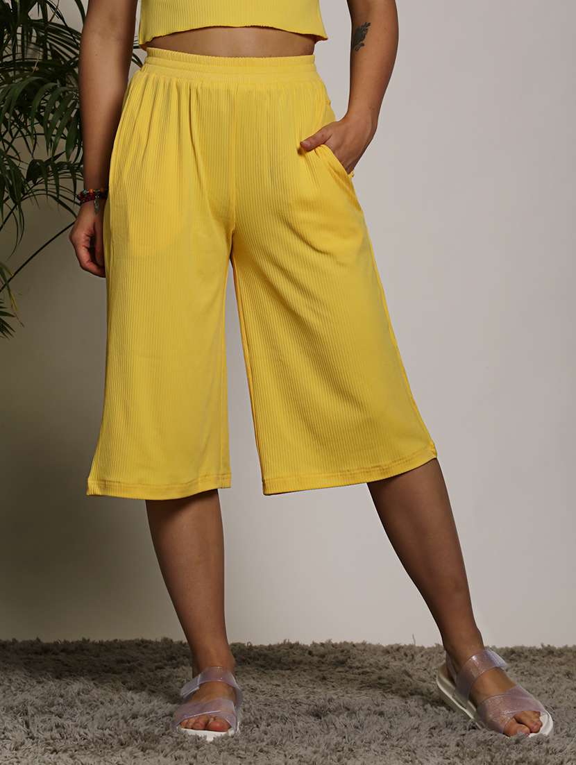 women yellow polyester regular capri