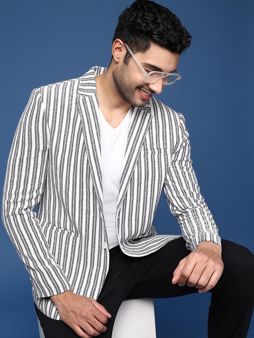 men long sleeved striped single breasted casual blazer - 21376936 - Standard Image - 2
