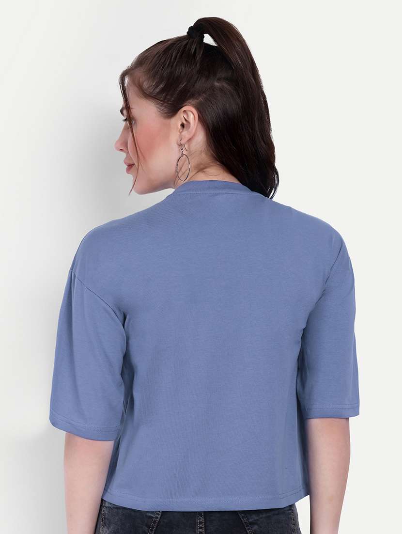 Women Round Neck Front Print Boxy T Shirt