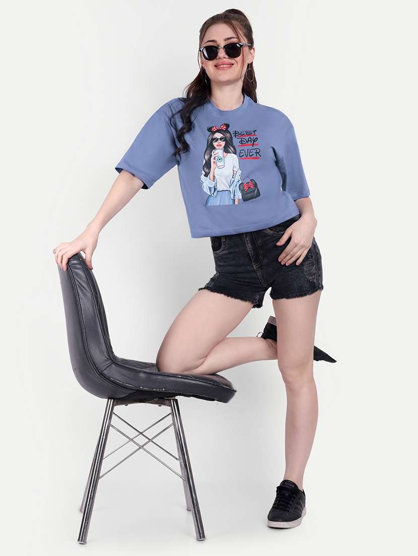 Women Round Neck Front Print Boxy T Shirt