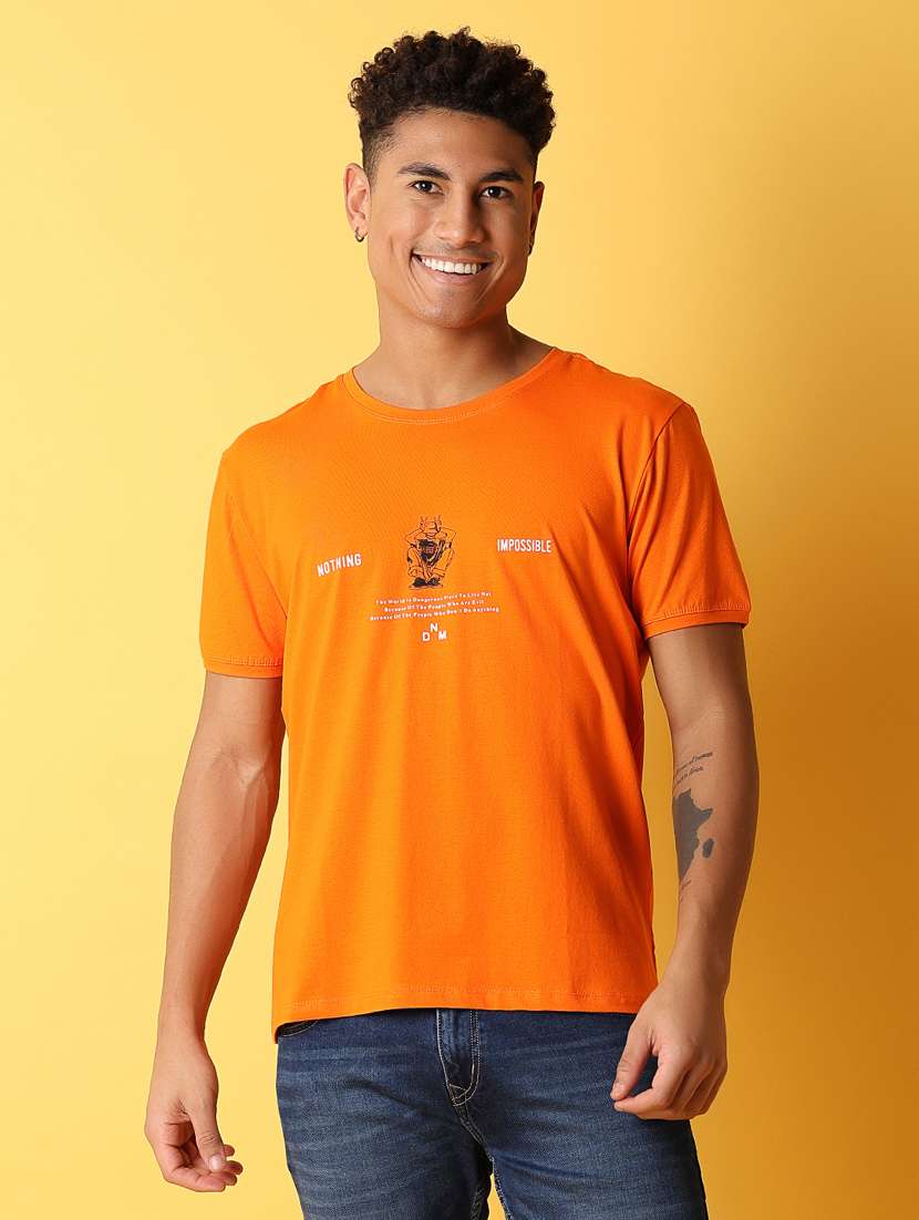 men orange slim fit round neck front & back print t-shirt