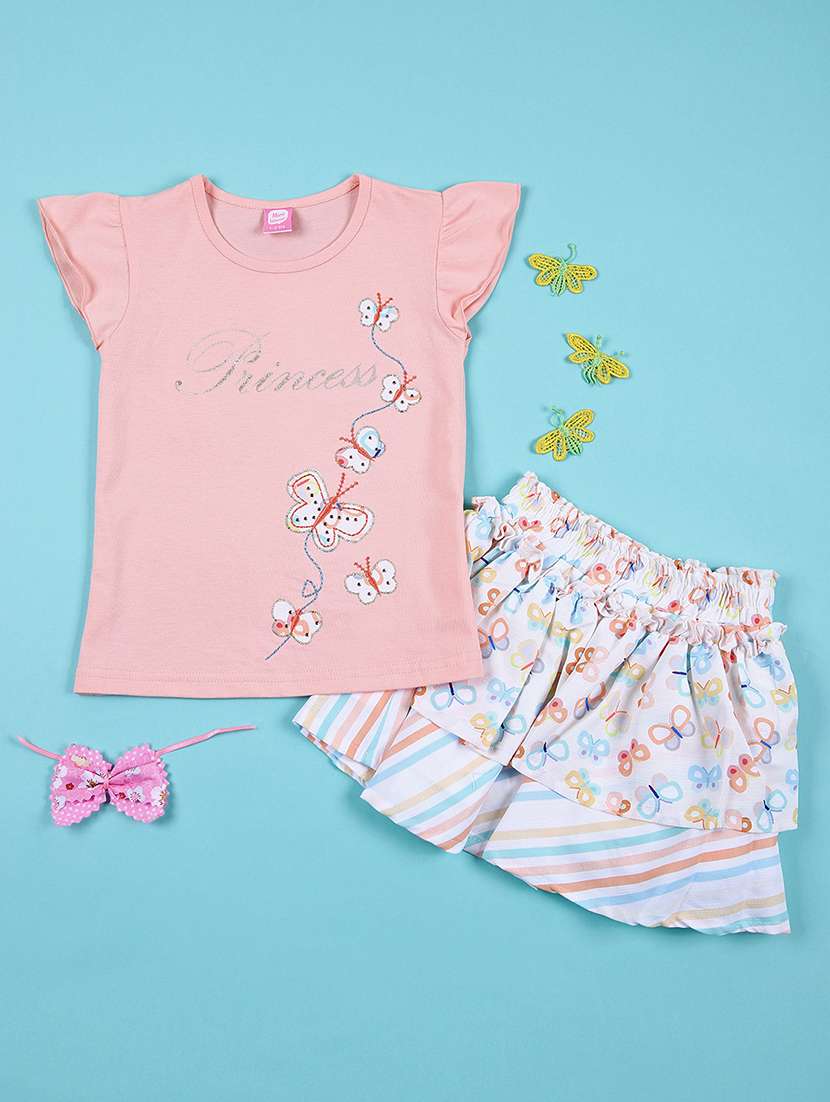 girls pink cotton skirt & top set