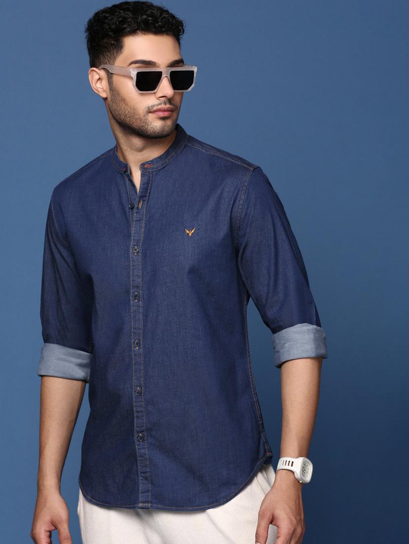 men navy blue regular fit denim casual shirt - 21378777 - Standard Image - 2