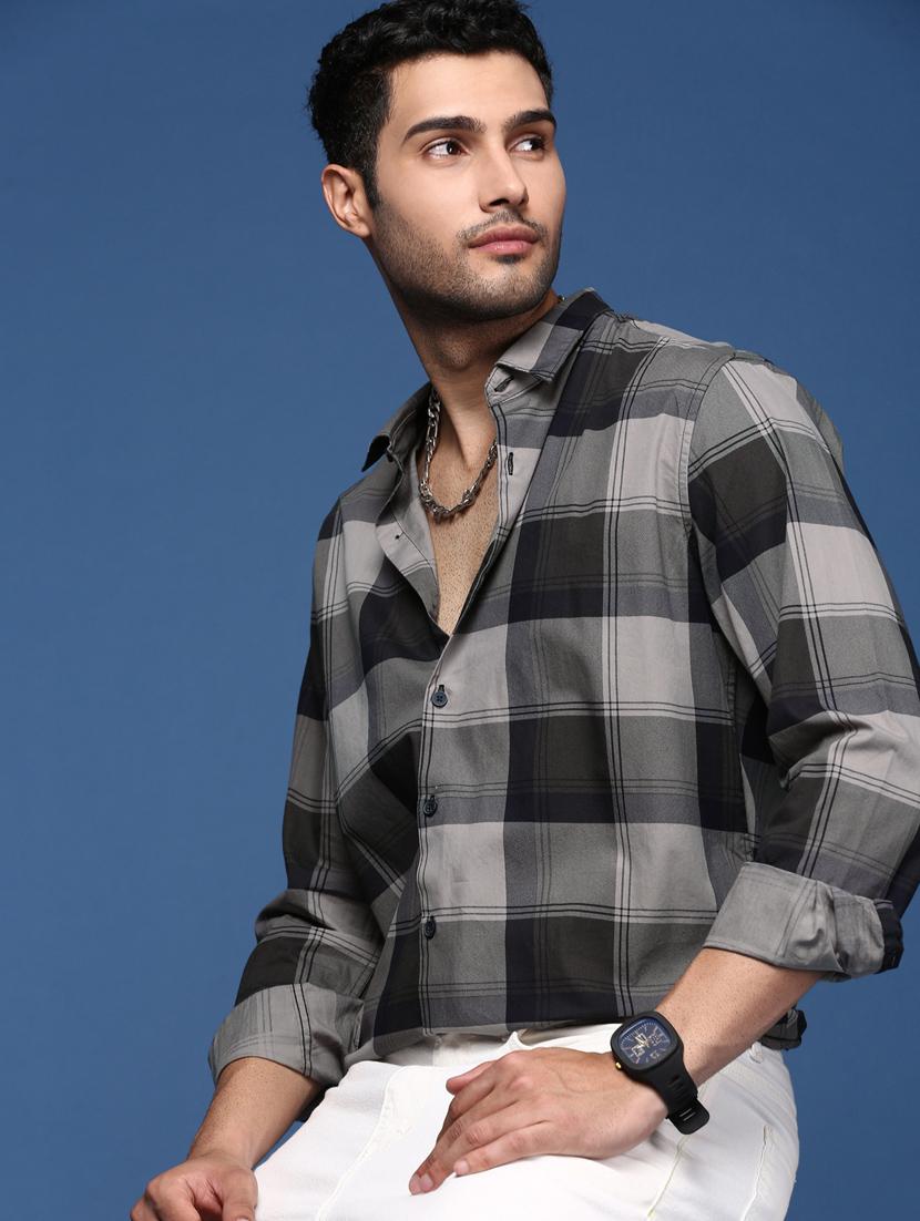 grey checkered cotton casual shirt - 21378810 - Standard Image - 2