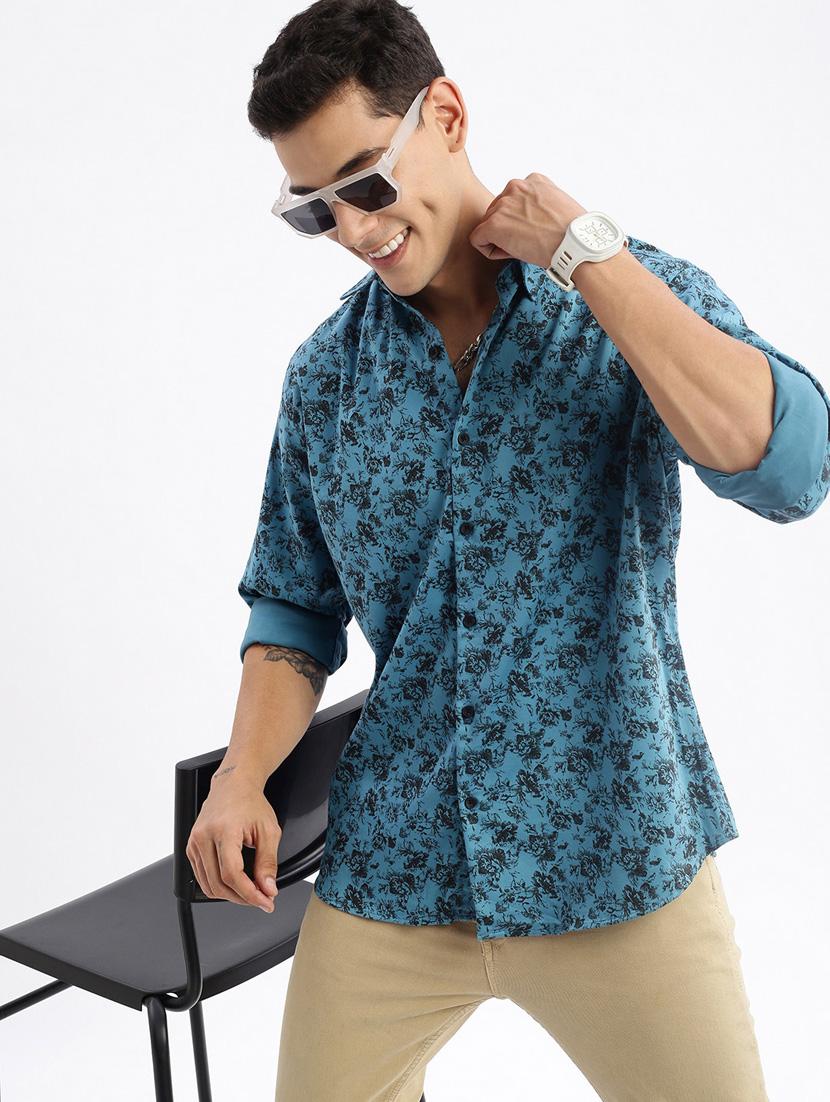 teal floral print cotton casual shirt - 21378896 - Standard Image - 2