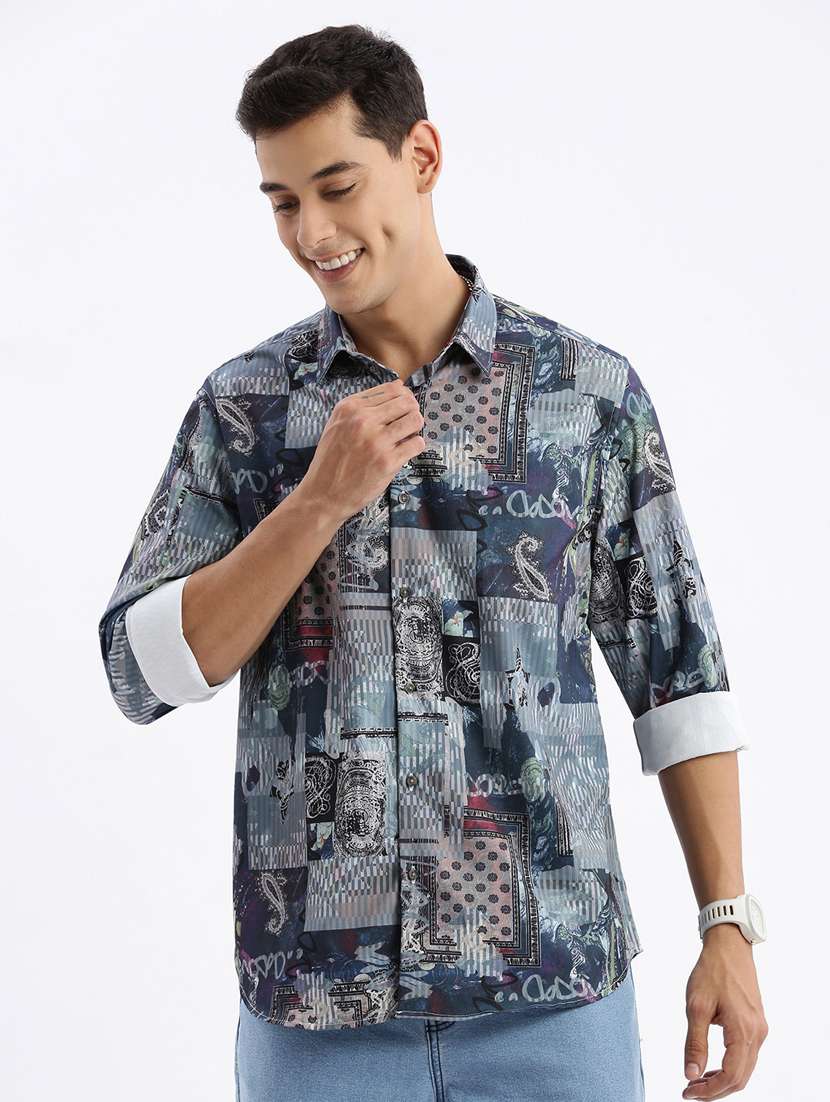 men long sleeved printed casual shirt
