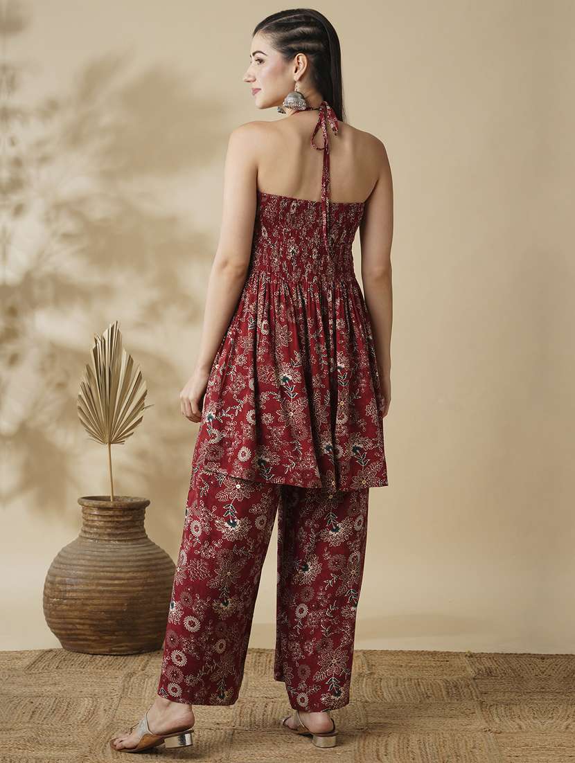 globus women maroon allover floral printed halter tie-up neck smoked tunic & palazzos fusion co-ord set - 21378934 - Standard Image - 2