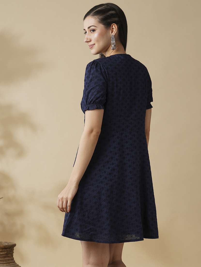 globus women navy blue self-design v-neck puff slevee flared hem ethnic dress - 21378935 -  Standard Image - 2