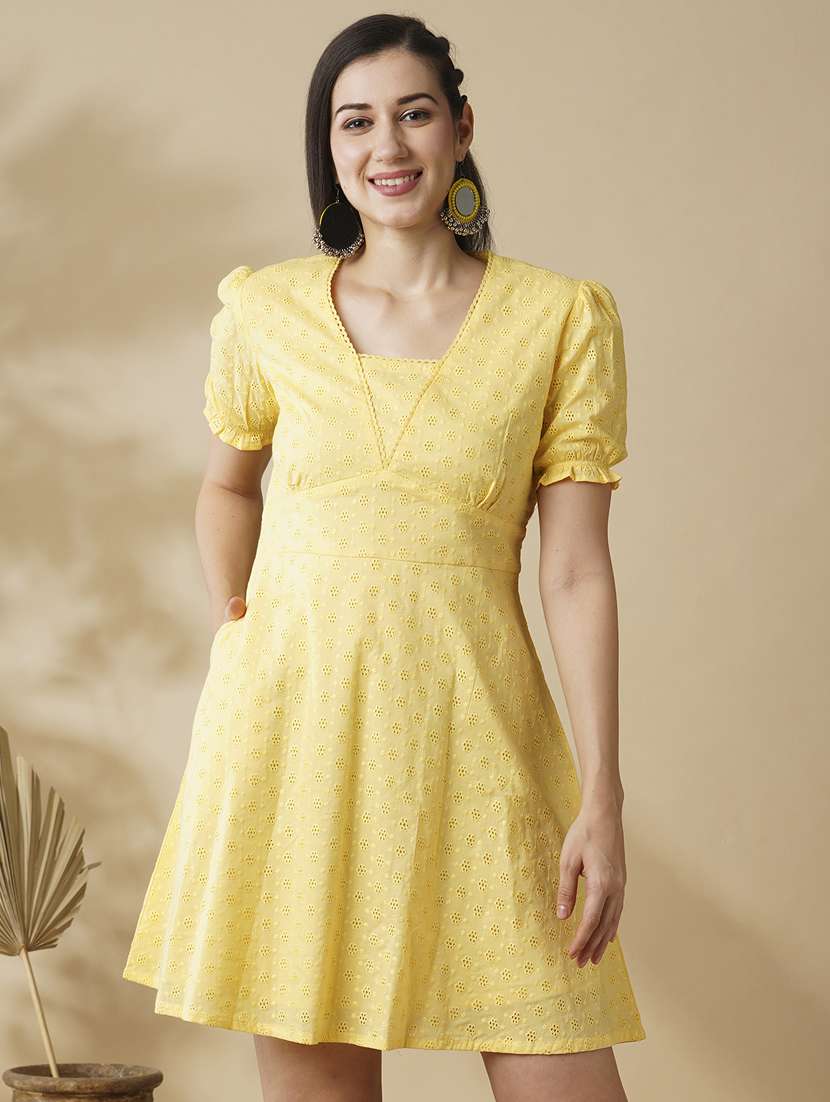 globus women yellow blue self-design v-neck puff sleeves flared hem a-line ethnic dress