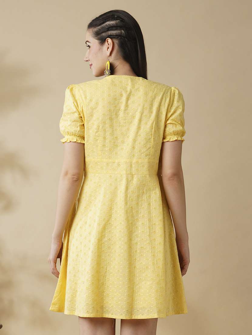 globus women yellow blue self-design v-neck puff sleeves flared hem a-line ethnic dress - 21378943 -  Standard Image - 2