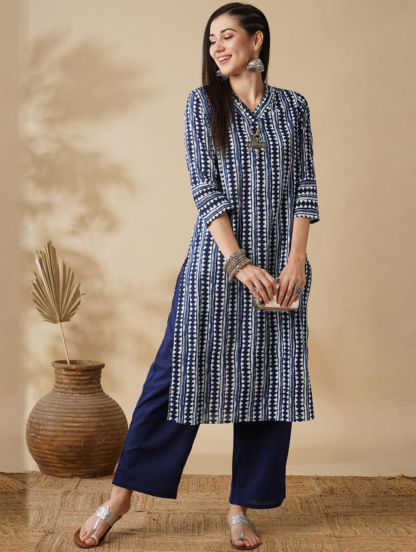 globus women blue allover geometric stripe printed straight workwear kurta & trouser set