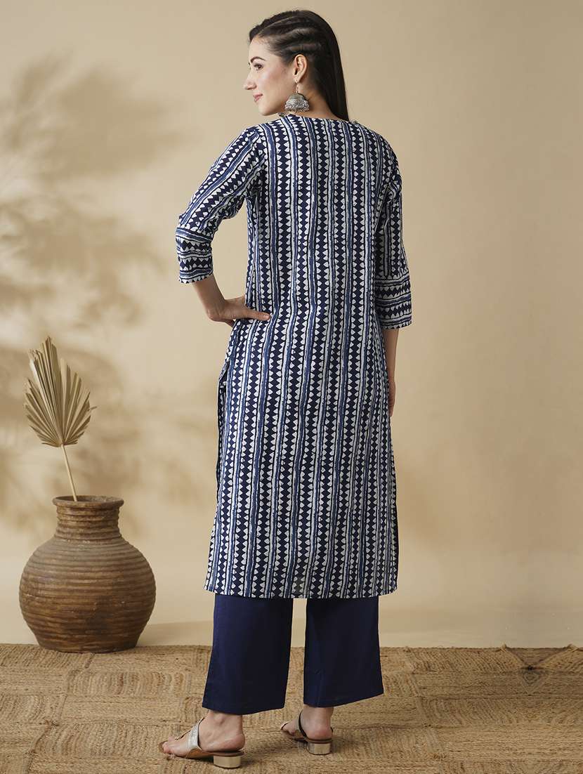 globus women blue allover geometric stripe printed straight workwear kurta & trouser set - 21378947 - Standard Image - 2