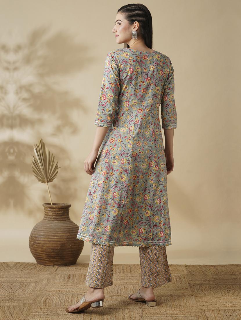 globus women green allover floral printed panelled a-line workwear kurta & printed trouser set - 21378952 - Standard Image - 2
