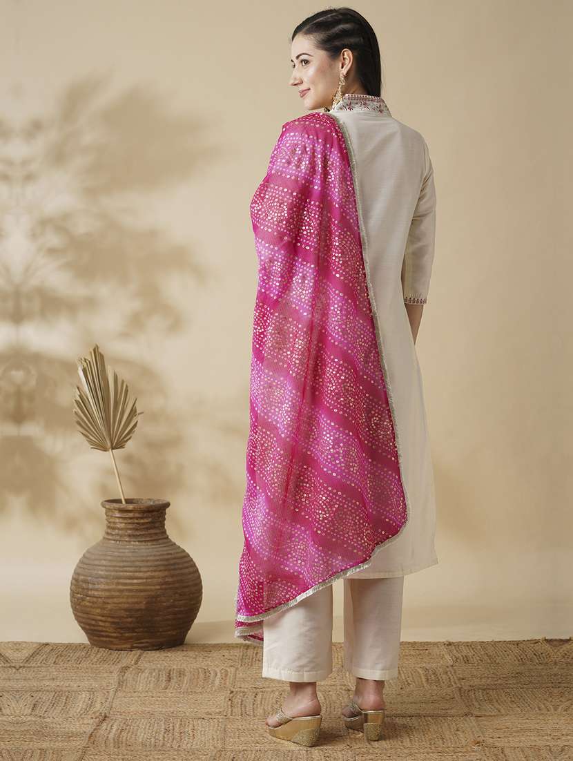 globus women off white embroidered v-neck kurta with pants & bandhani dupatta festive set - 21378960 -  Standard Image - 2