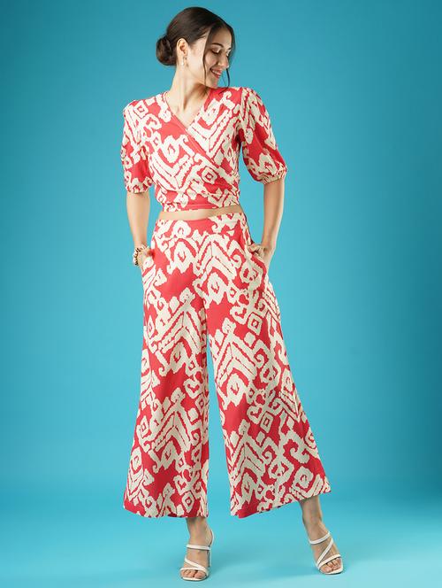 globus women red abstract print wrap tie-back top & palazzos co-ord set - 21378967 - Standard Image - 0