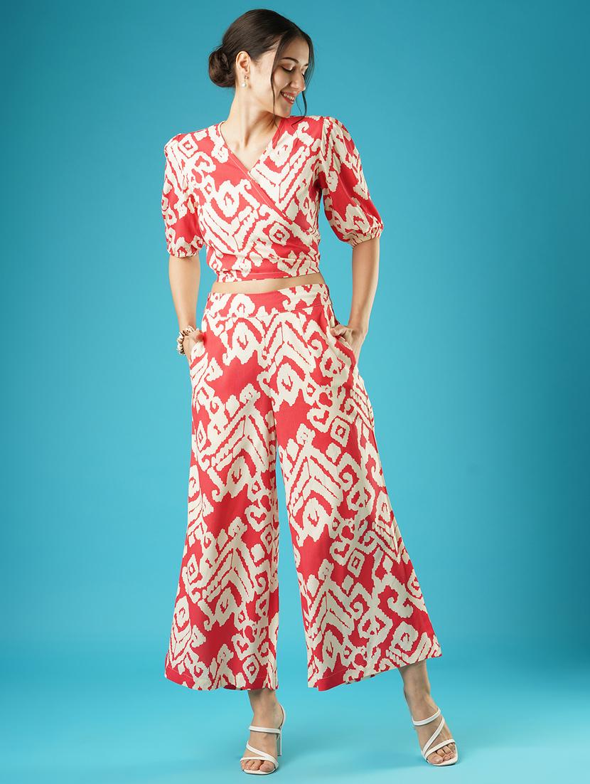 globus women red abstract print wrap tie-back top & palazzos co-ord set - 21378967 - Zoom Image - 0