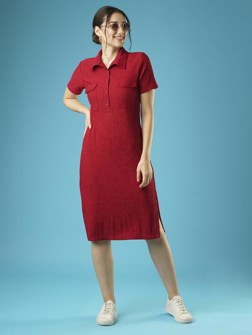 globus women maroon self design shirt collar pocket detail midi sheath dress - 21378969 -  Standard Image - 0