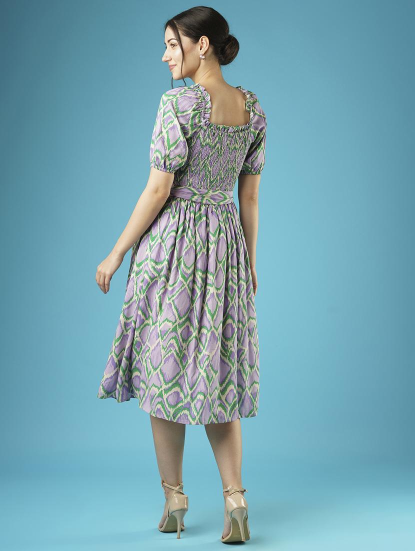 globus women lavender abstract print puff sleeves smocked pleated fit & flare midi dress with belt - 21378971 - Standard Image - 2
