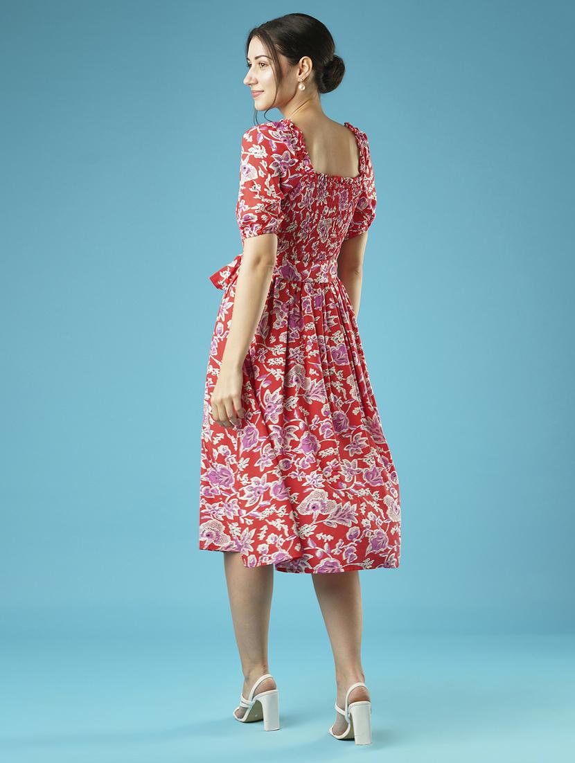 globus women red floral print square neck puff sleeves smocked pleated fit & flare belted midi dress - 21378972 - Standard Image - 2