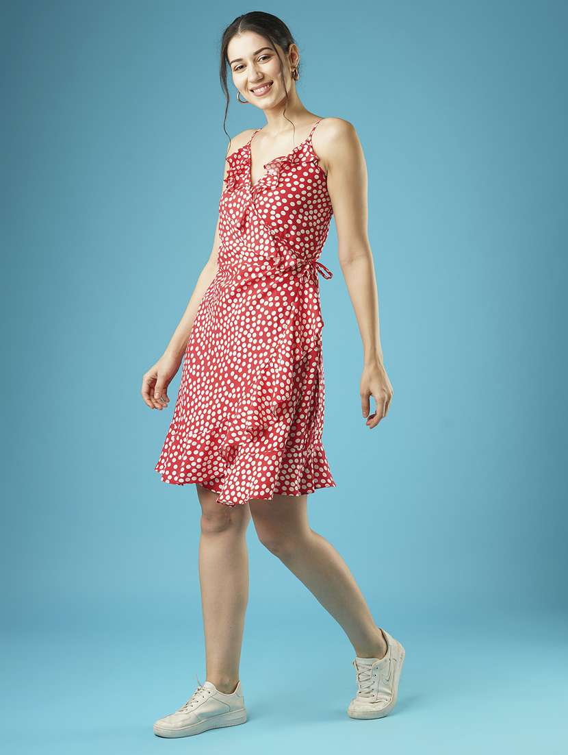 globus women red polka dots frilled wrap-neck strappy shoulder waist tie-up fit & flare dress - 21378973 - Standard Image - 2