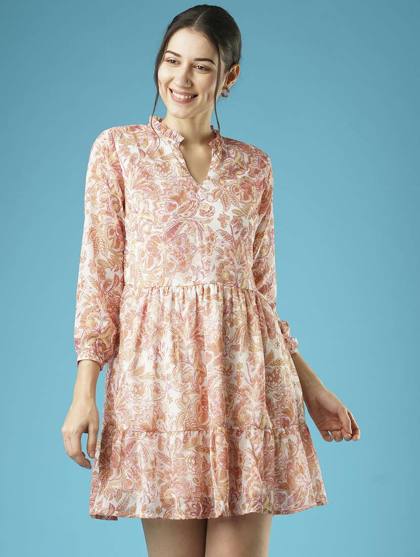 globus women white floral printed frilled mandarin collar with v cut gathered fit & flare dress - 21378977 - Zoom Image - 0