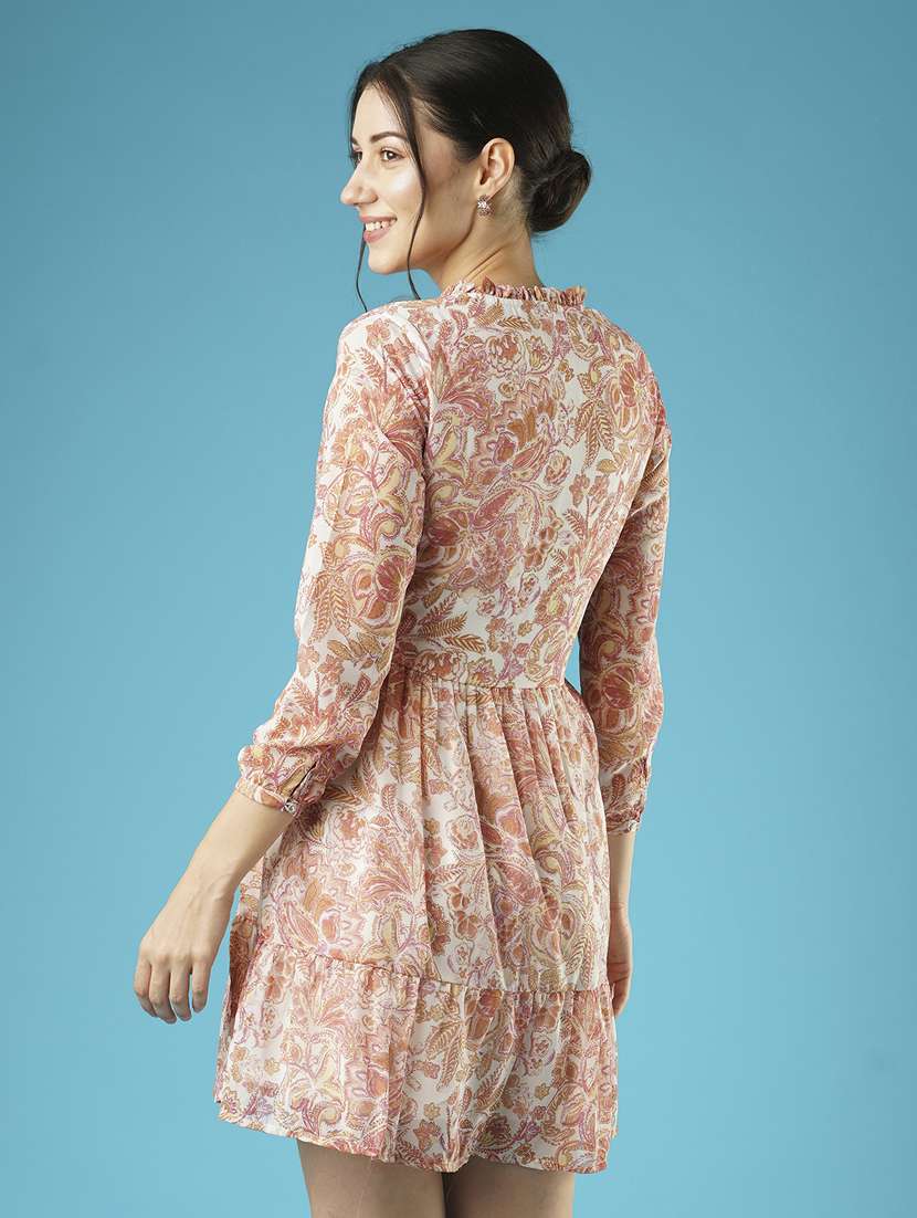 globus women white floral printed frilled mandarin collar with v cut gathered fit & flare dress - 21378977 - Standard Image - 2