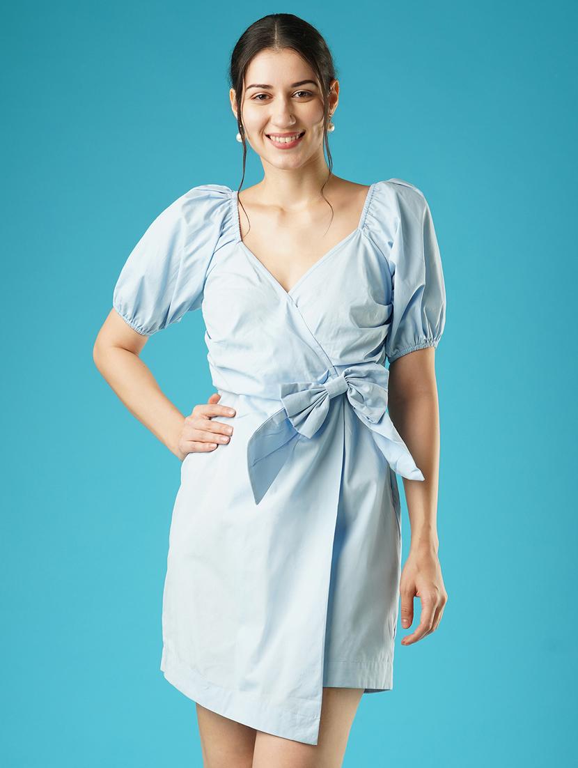 globus women blue wrap neck puff sleeves side pleated waist tie-up mini bodycon party dress - 21378983 - Zoom Image - 0