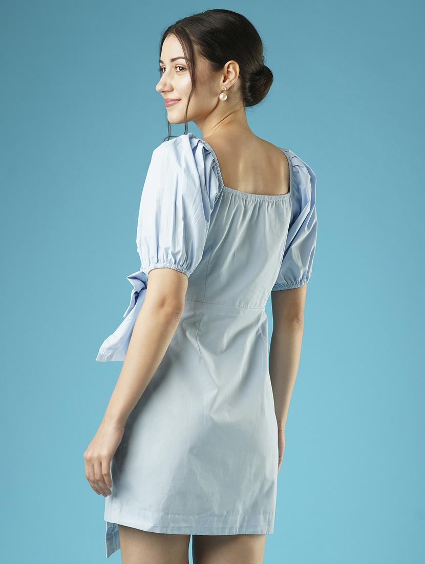 globus women blue wrap neck puff sleeves side pleated waist tie-up mini bodycon party dress - 21378983 - Standard Image - 2