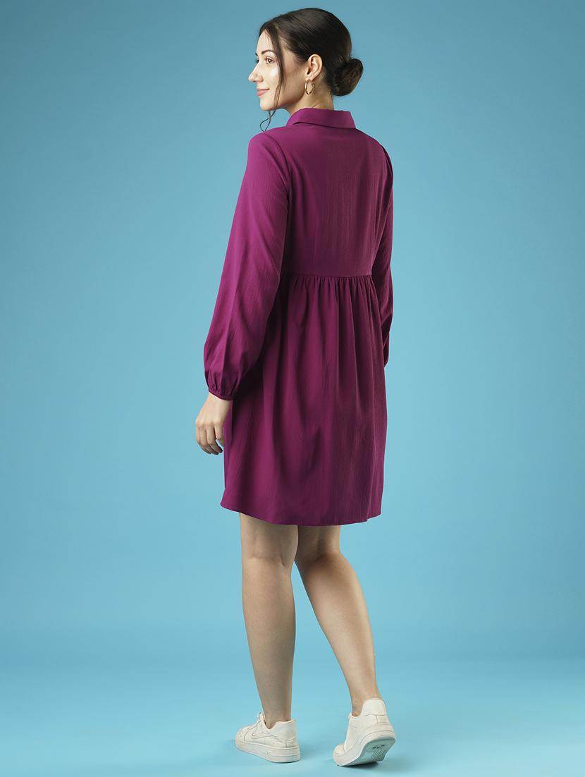 globus women purple bishop sleeves gathered flared hem above knee shirt style workwear dress - 21378984 - Standard Image - 2