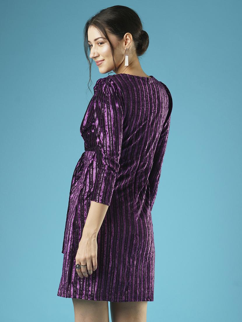 globus women purple self design wrap neck draped velvet above knee sheath party dress - 21378988 - Standard Image - 2