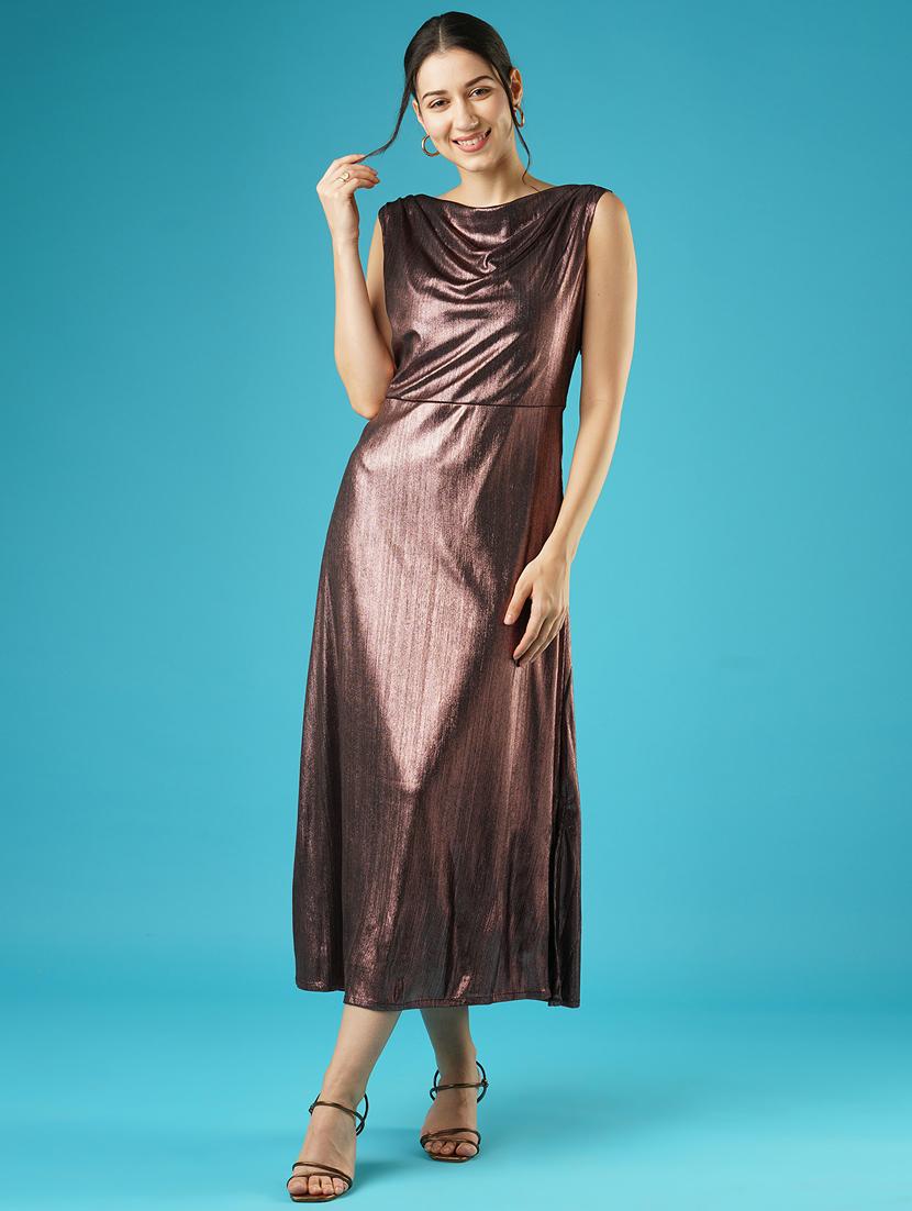 globus women rust shiny cowl neck side slit knitted a-line midi party dress - 21378991 -  Zoom Image - 0
