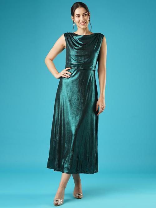 globus women teal shiny cowl neck side slit knitted a-line midi party dress - 21378992 -  Standard Image - 0